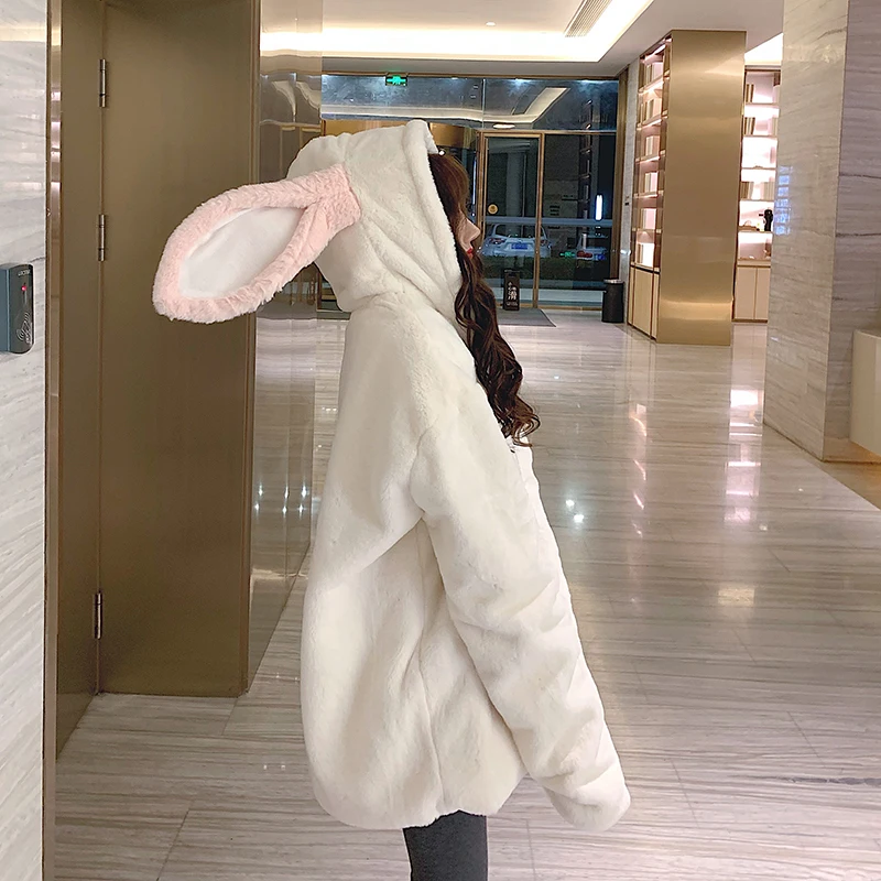 Japanese Winter Gothic Lolita Jacket Sweet Soft Sister Harajuku Rabbit Ears Hoodie Warm Plush Coats Korean Kawaii Hooded Outwear