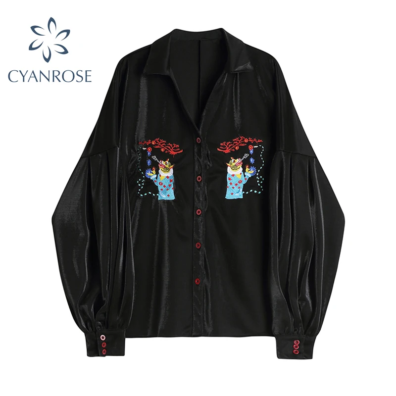 Женская рубашка-поло с вышивкой Повседневная Свободная черная длинным рукавом в