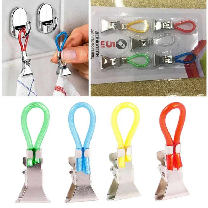

5pcs/lot Hanging Clips Tea Towel Hanging Clips Clip On Hooks Loops Hand Towel Hangers Hanging Clothes Pegs Bathroom Organizer