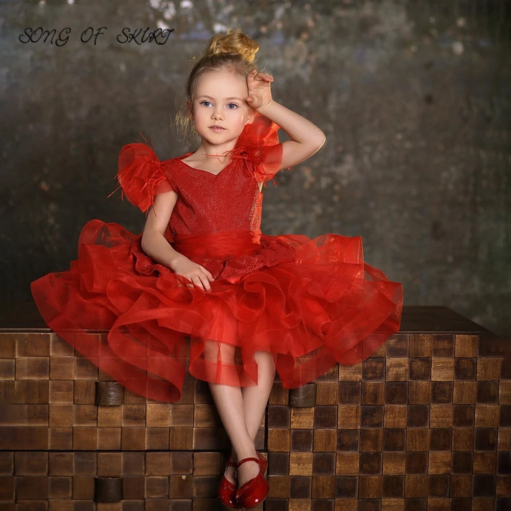 

2022 праздничные красные блестящие платья длиной ниже колена для девочек с цветами рукава принцессы с перьями детское платье для дня рождени...