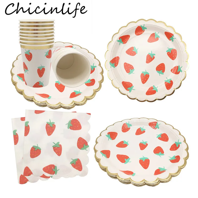 

Chicinlife Disposable Tableware Strawberry Paper Plates Cups Napkins Happy Birthday Party Decor Wedding Summer Party Supplies