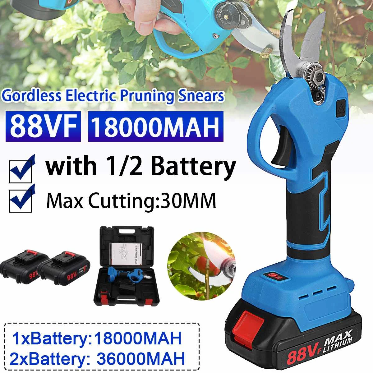 

Беспроводной секатор Kiwarm 88VF, секатор для фруктовых деревьев, бонсай, секатор для ветвей деревьев с литий-ионной батареей 18000 мАч