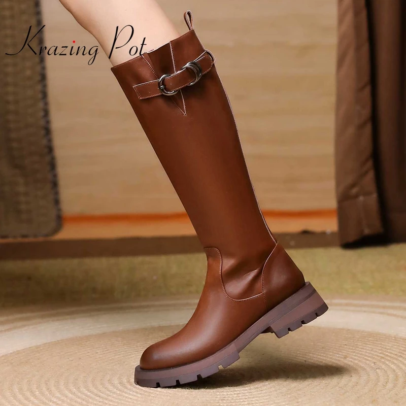 

Krazing Pot cow split leather round toe med heel riding boots punk style handsome young lady streetwear thigh high boots L9f7