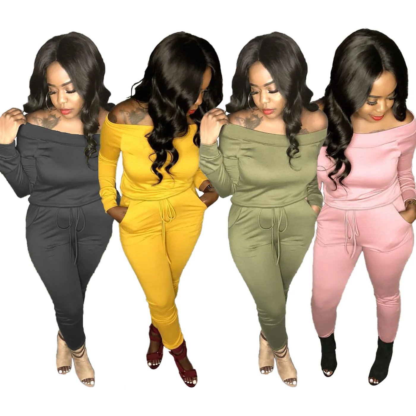 

Новинка, осенне-зимний модный однотонный женский костюм H3583 в европейском и американском стиле с одним открытым плечом, комплект из двух пре...