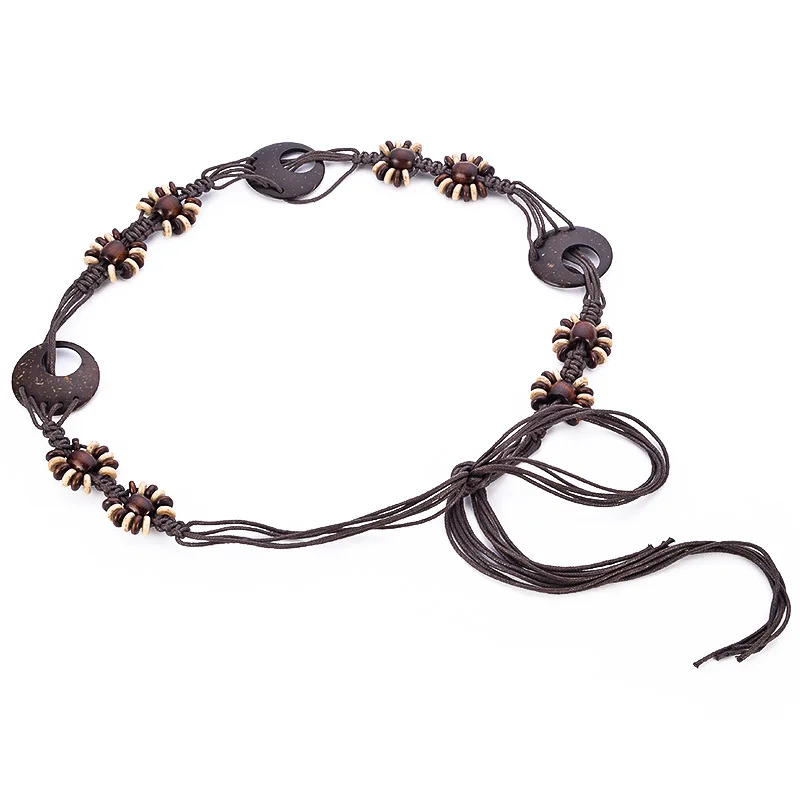 

New pure manual wax rope woven wood bead belt national style waist chain belt