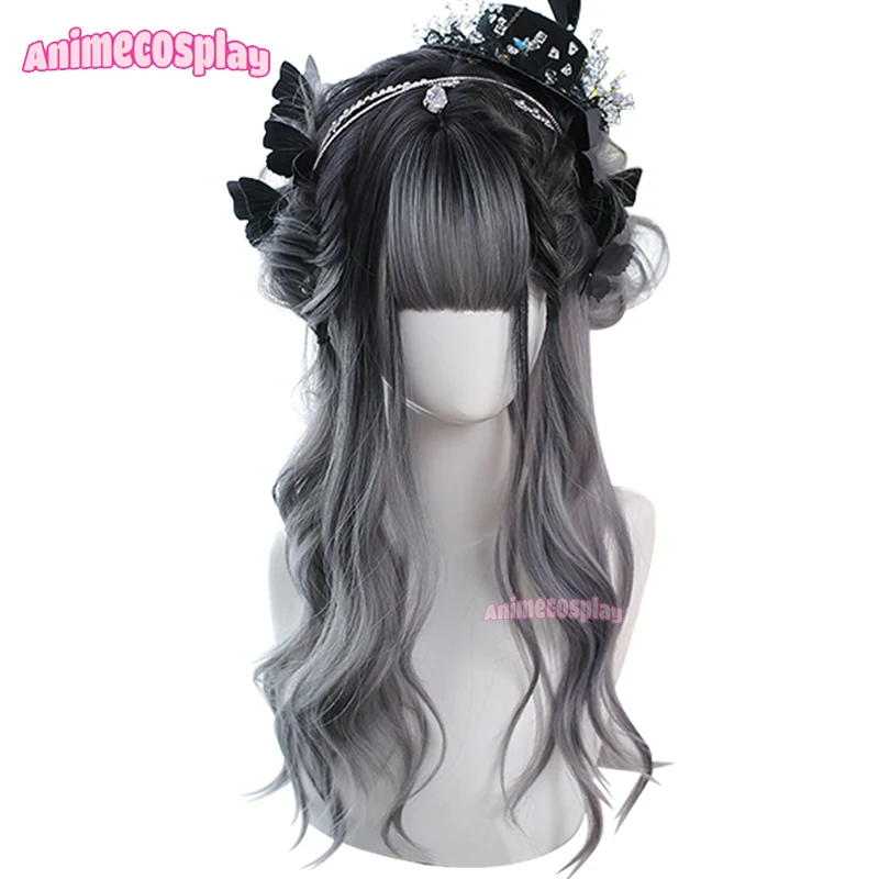 

Animecosplay 60cm Black Gradient Gray Lolita Wigs Women Long Curly Mixed Color Synthetic Wave Cosplay Hair With Flat Bangs