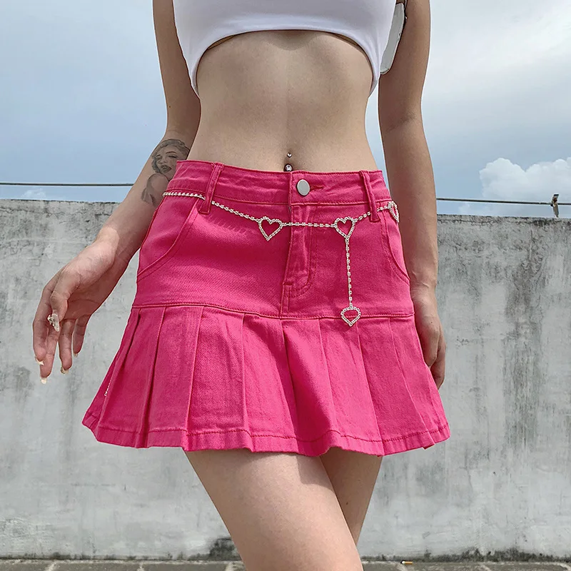 

Woman Fashion Pink Denim Pleated Skirts Mini Solid Casual Korean Style High Waist Skirt with Lined Hot Club Party Girls 2020