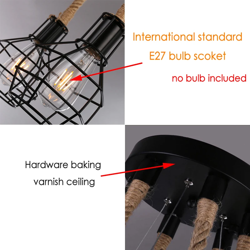 Лофт винтажные Ретро лампы клетка пеньковая веревка огни Бар Паб Клуб кафе