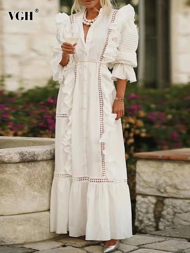 

VGH Casual Solid Slim Patchwork Ruffle Dress For Women Stand Collar Lantern Sleeve Fashion Dresses Female Autumn 2021 Style New