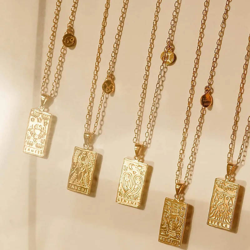 

Hypoallergenic Stainless Steel Chain Trendy Personality Square 12 Gold Color Astrology Embossment Pendant Necklaces For Women