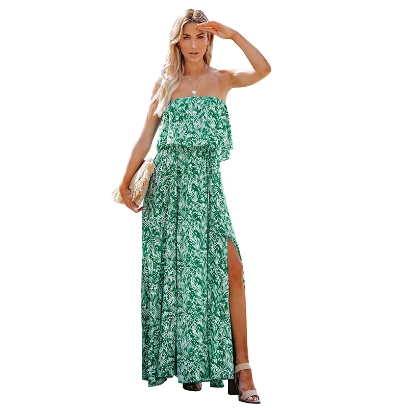 

European and American Women's Fashion Sleeveless Long Skirt Wrapped Chest Printed Split Dress