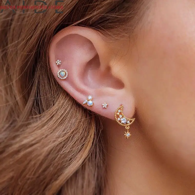 

AIDE Korean 925 Needle Stud Earrings For Women Gold Moon Flower Zircon Earrings Fashion Jewelry Sets Aretes De Mujer