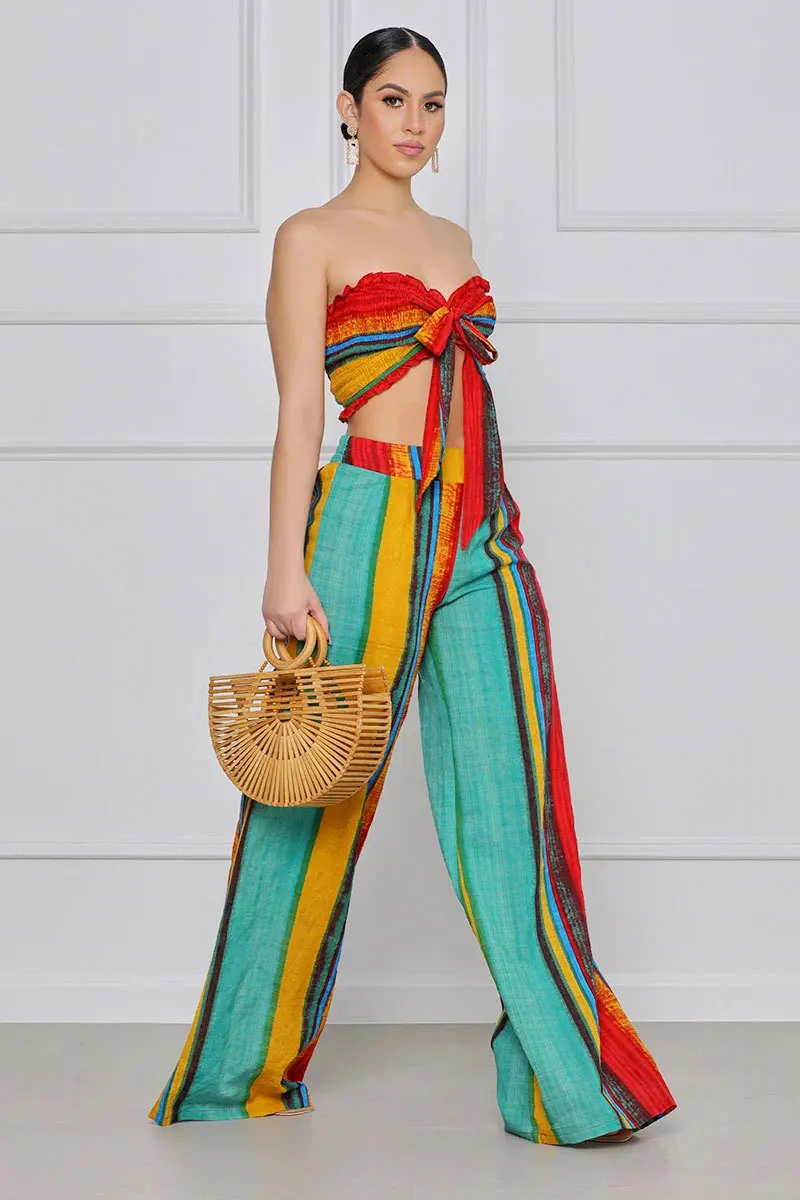 

Новинка 2021, комплект из двух предметов в богемном стиле без бретелек, короткий топ на шнуровке, свободные брюки с высокой талией, летние разн...