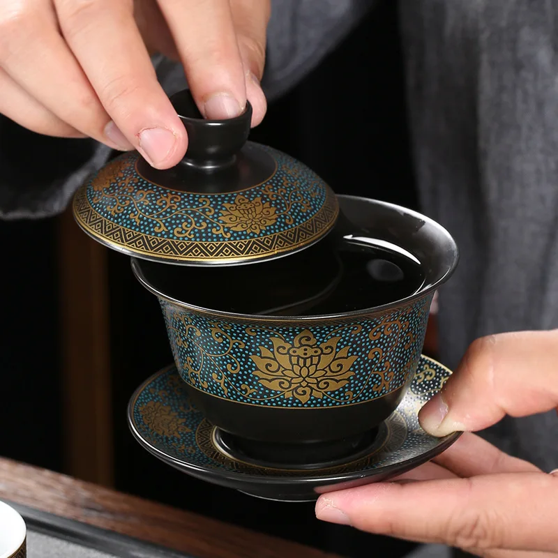 

Chávena de chá clássica chinesa, tigela de 180ml com tampa para chá recipiente de barro preto artesanal tradicional
