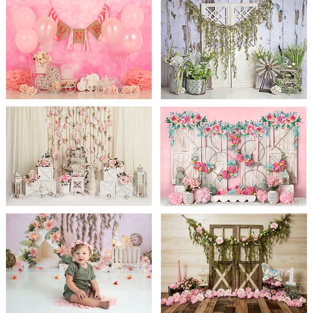 

Baby 1st Birthday Photography Backdrop Pink Flower Wall Girls Newborn Cake Smash Rose Curtain Photo Prop Studio Booth Background