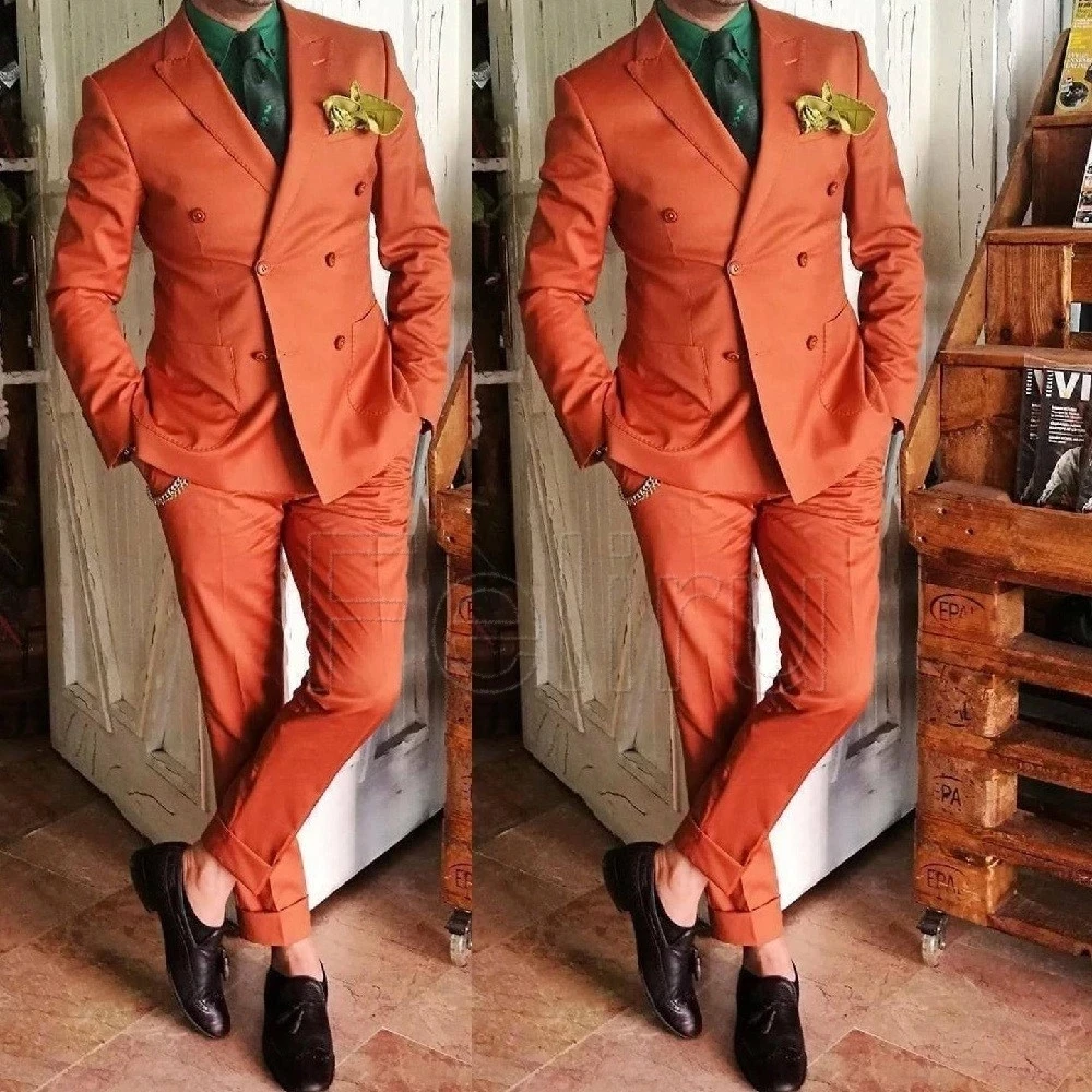 

Orange Men Suits Peak Lapel Double Breasted Costume Homme Groom Prom Blazer Slim Fit 2 Pieces Wedding Tuxedos Terno Masculino
