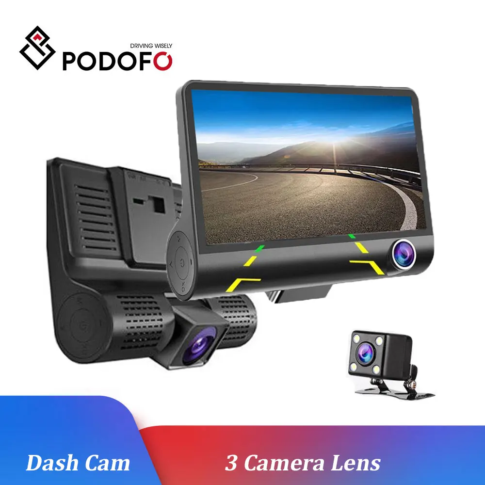 Podofo Dash Cam 3 Камера s объектив Видеорегистраторы для автомобилей 4 дюйма ЖК дисплей