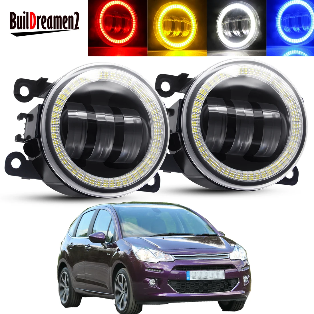 

2 X Angel Eye Fog Light Assembly For Citroen C3 FC_ Hatchback 2005-2010 Car Front Bumper LED Lens Fog Driving Lamp DRL 30W 12V