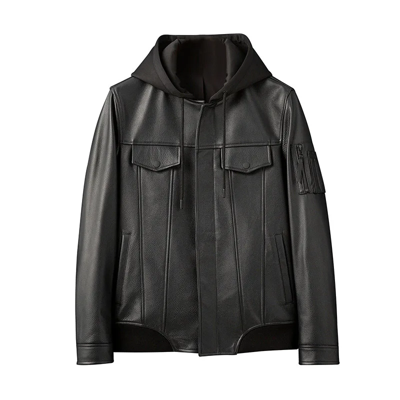 

JCHB 2021 Genuine Leather Jacket Men Cowhide Mens Clothing Motorcycle Male Coats Hooded Spring Autumn Chaqueta Hombre Pph2094