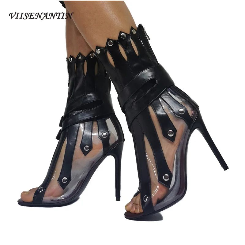 

Новый дизайн чувственная личность пикантные с заклепками для горячей девушки прозрачные на тонком каблуке лоскутное шитье для вечеринки б...