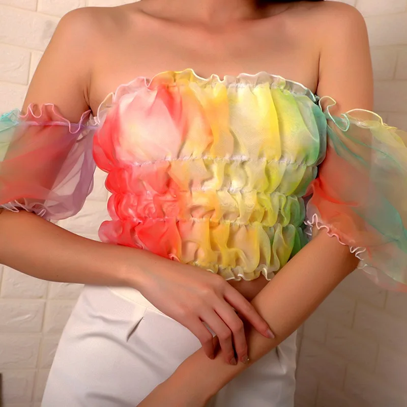 

Hot Sale Summer Women T-shirt Rainbow Slash Neck Puff Sleeve Short T-shirt Tops for Female Casual Clothes Pullover Streetwear
