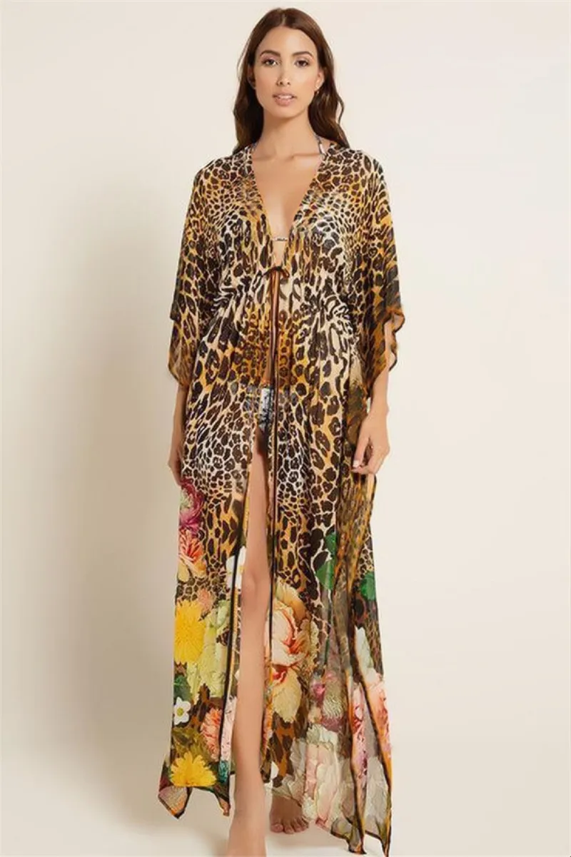 

Пляжные платья лето 2020 крышка Ups солнце саронг размера плюс Купальники Cover Up парео Tunicas шифон с леопардовым принтом на завязках