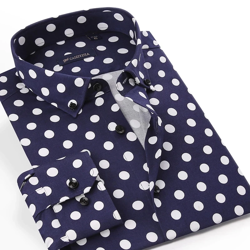 

Men's Long-Sleeve Standard-Fit Polka Dot Printed Shirt Pocket-less Design Holiday Casual Button-Collar Flower Hawaiian Shirts