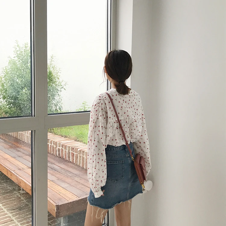 2 цвета осень 2019 корейский стиль милый цветочный принт рубашка с длинными