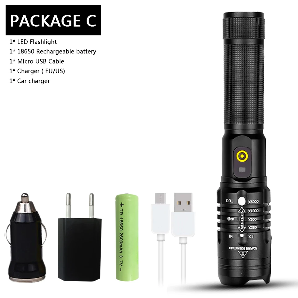 Package C Litwod Z40 светодиодный фонарик cree xhp70 зарядка через usb стрейч зум ударопрочный внешний аккумулятор 18650 перезаряжаемый фонарик - Испускаемый цвет: Package C