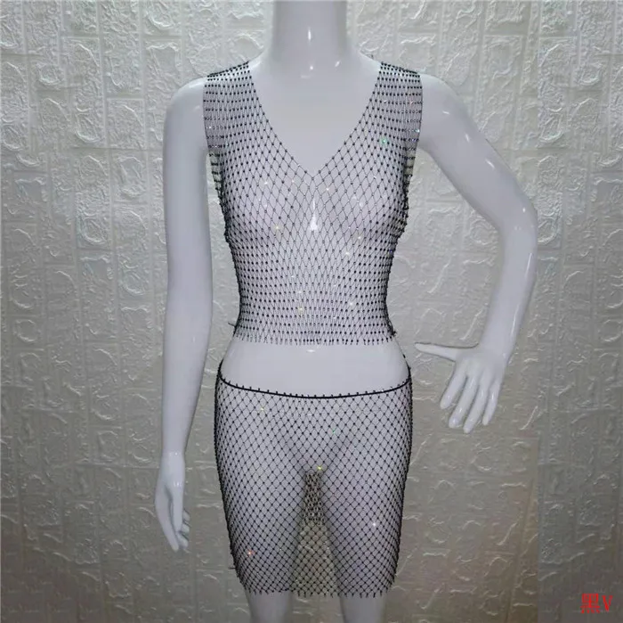 Black V-neck Блестящие Кристальные Стразы, женская одежда, сетчатые Прозрачные топы, клетчатые сексуальные мини юбки, летний комплект из 2 предметов, Клубные, трендовые - Цвет: Black V-neck