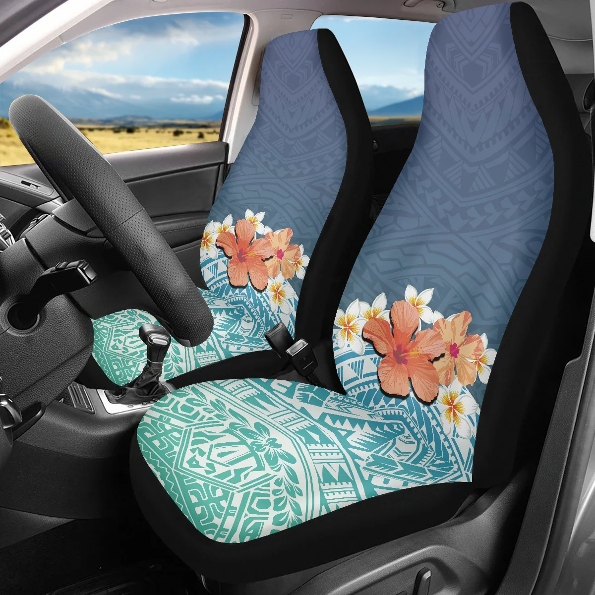 PinUp Angel African Floral Polynesian Plumeria Flower Printed Stylish Front Seat Covers for Cars Comfy Car Winter Accessories