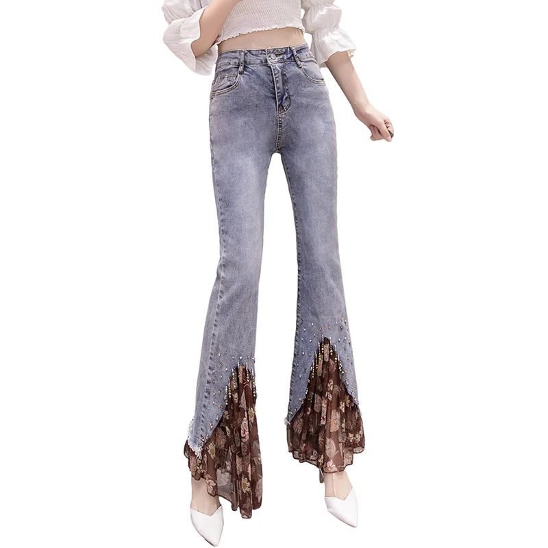 

Fashionable Autumn New Korean Slim Flare Beads Splicing Floral Cropped Jeans