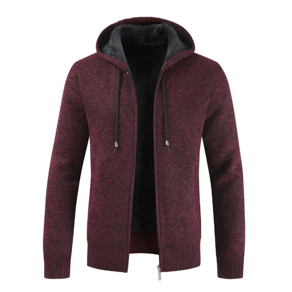 

Men Jackets Long Sleeve Solid Color Sweater Zipper Closure Hooded Plush Lining Drawstring Sweater Knitwear Coat Male Jackets