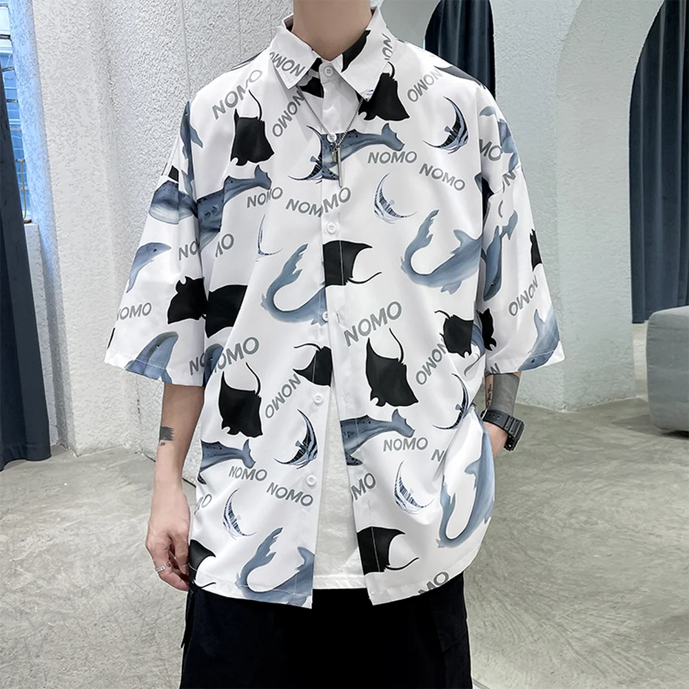 

Men Korean Streetwear Full Print Ice Silk Shirts 2021 Summer Short Sleeve Fashion Casual Harajuku Shirt Tops Male Hip Hop Blouse