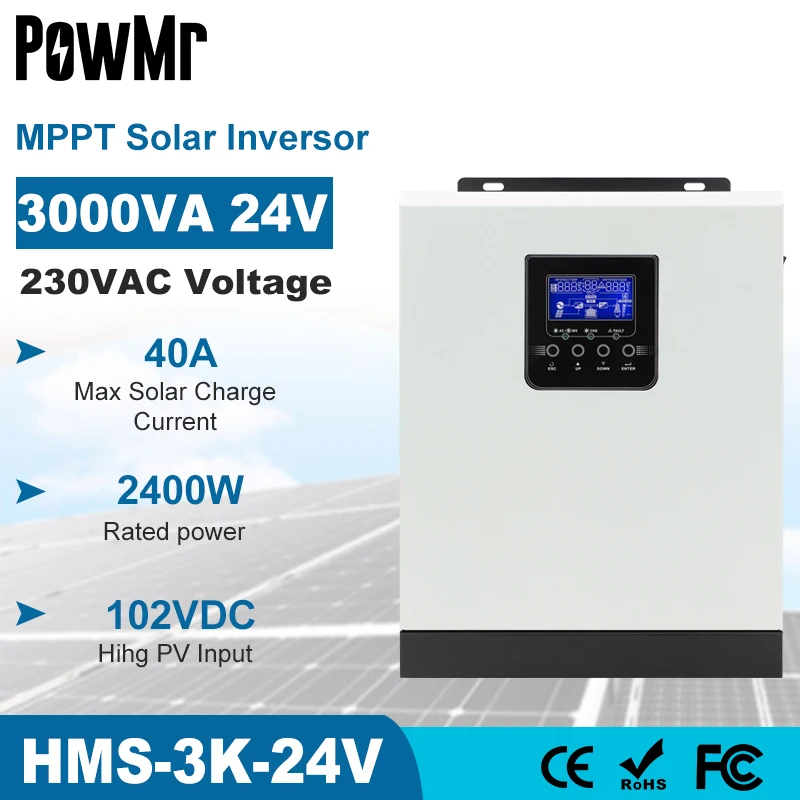 

3000VA 2400W Гибридный солнечный инвертор 24VDC 220VAC встроенный 40A MPPT Солнечный контроллер и AC зарядное устройство Чистая синусоида Инвертор солнеч...