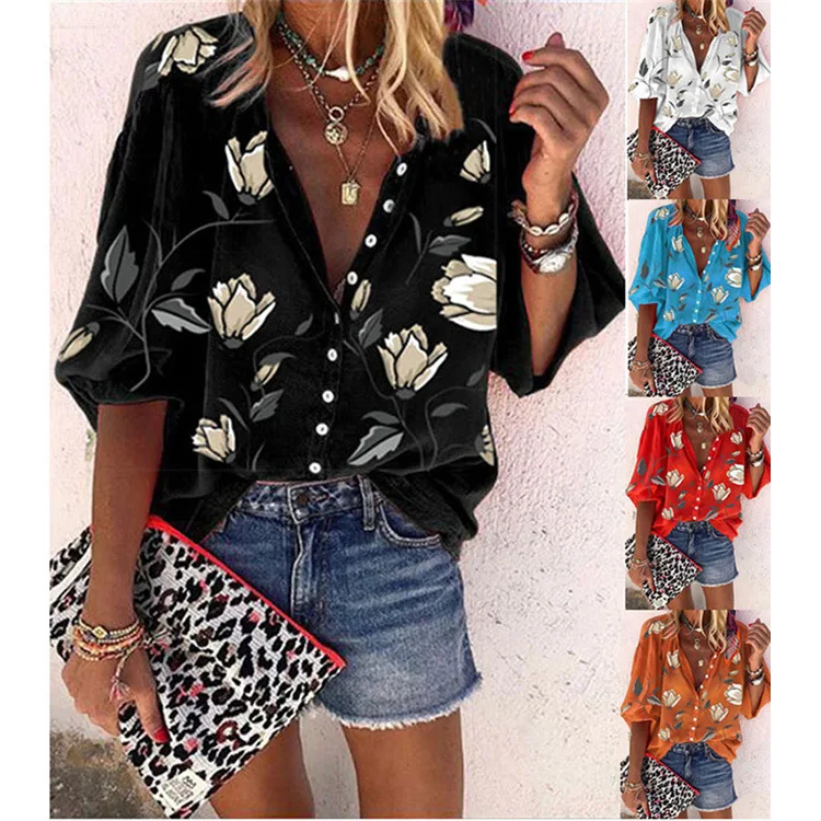 

Flower 3D Print Buttons Casual Women's Blouse 2021 Summer New Cardigan Lightweight Long Sleeve Ladies White Black Shirts S-5XL