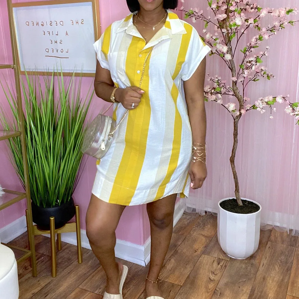 

2021 Women's New Autumn Dress Casual Simple Home Polka-dot Style Striped Contrast Lapel Short-sleeved Loose Comfortable Dresses