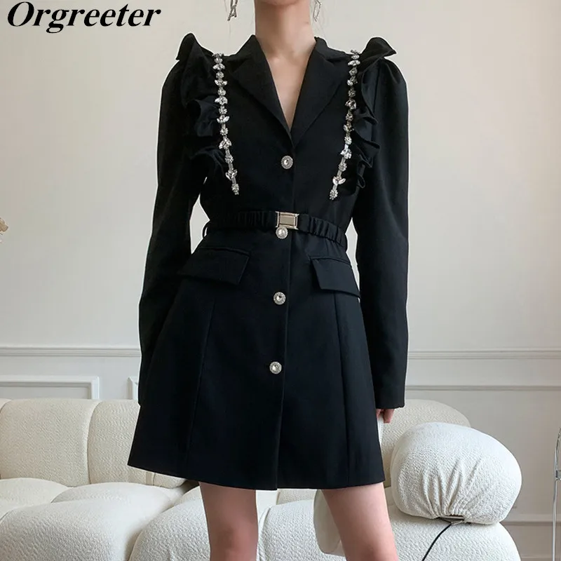 

Black Patchwork Diamonds Casual Women's Blazer Dress Fall New Notched Single-breasted Ruffles Patchwork Short Dress With Bel