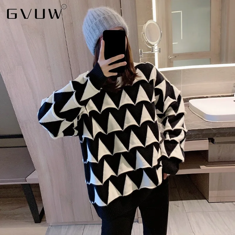 

GVUW модный дизайн черный белый свитер женское осенне-зимнее Новое свободное вязаное пальто в ленивом стиле