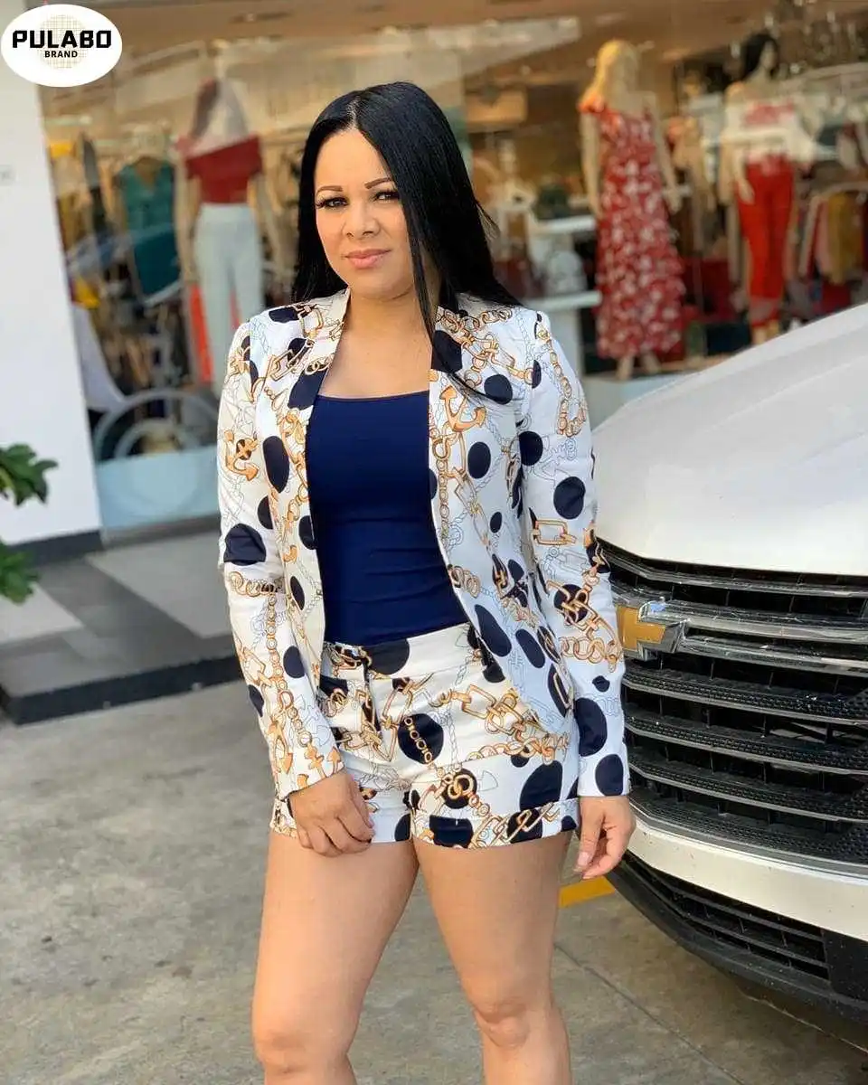 

Women Vinatge Chain Printed Blazer Top and Shorts Set Elegant Office Ladies Suits Women Workwear