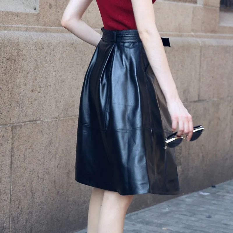 Женская юбка из натуральной овечьей кожи трапециевидная Юбка До Колена с высокой