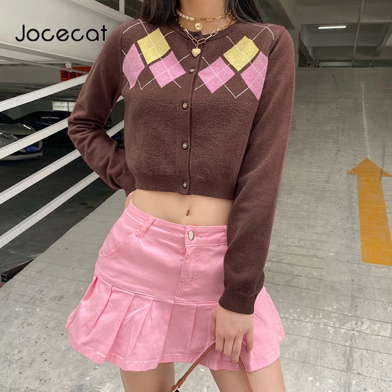 

Jocecat Argyle Plaid Knitted Cardigans For Women Preppy Style Cute Y2K Knitwear Autumn Winter Long Sleeve Cropped Sweaters 90s