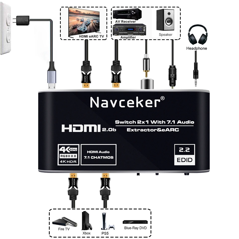 2x1 4K HDMI переключатель eARC аудио экстрактор с дугой и оптическим Toslink 2 0 60 Гц