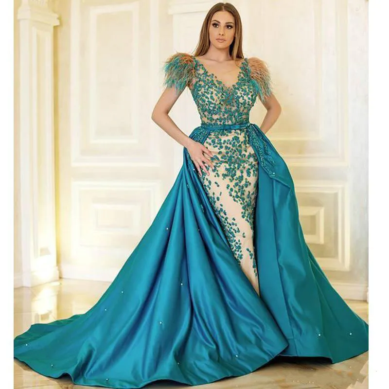 

Arabic Green Feather 2020 Mermaid Prom Dresses With Detachable Train V Neck Formal Second Reception Evening Gowns Robes