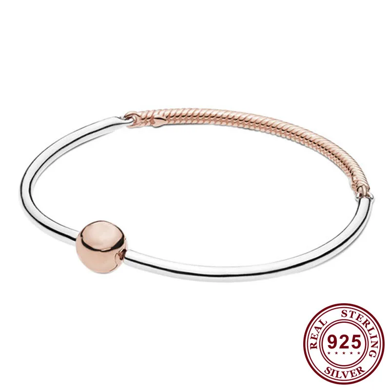 

100% 925 Sterling Silver Pan Bracelet Round Classic Rose Gold Three Link Bracelet Fit European Charm Bracelets Women Jewelry