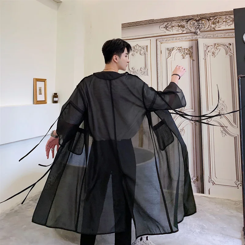 2022 Autumn Men's Translucent Mesh Trench Coat Male Japan Streetwear Punk Gothic Hip Hop Long Cardigan Jacket Stage Clothing