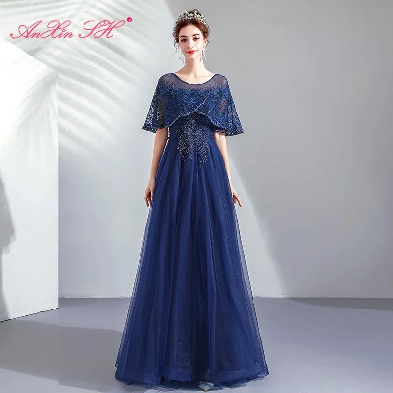 Винтажное темно-синее кружевное вечернее платье AnXin SH с оборками принцессы
