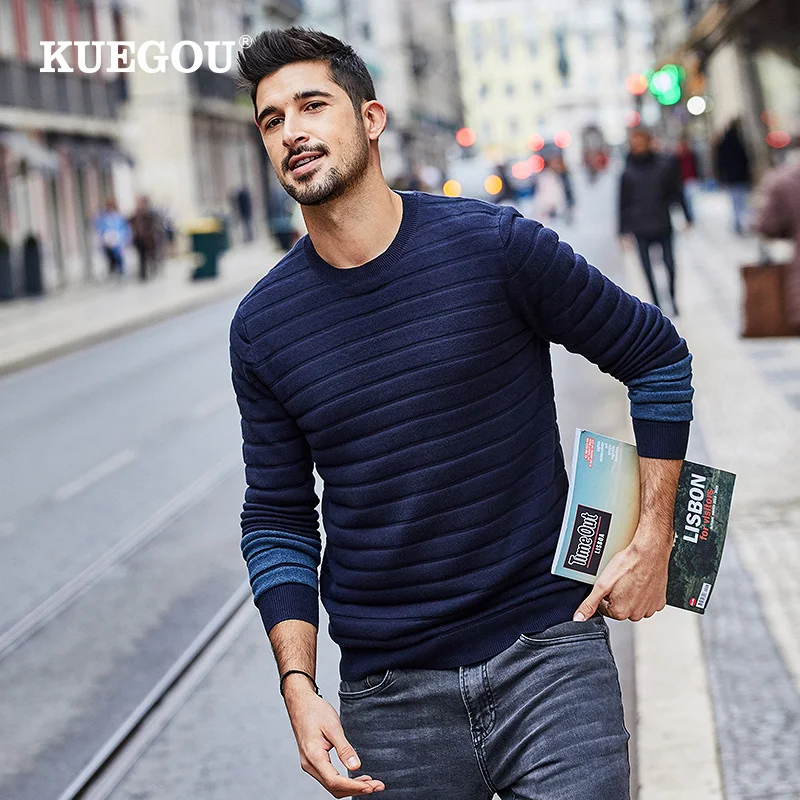 

KUEGOU 2022 Spring Cotton Stripe Blue Sweater Men Pullover Casual Jumper For Male Wear Brand Knitted Korean Style Clothes 17023