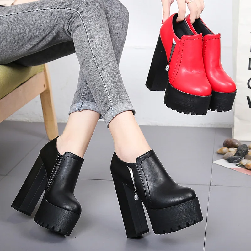 

Super High Heel Short Boots Women's Shoes Thick Sole Thick Heel Single Boots Extra High Leather Single Shoes Women Shoes