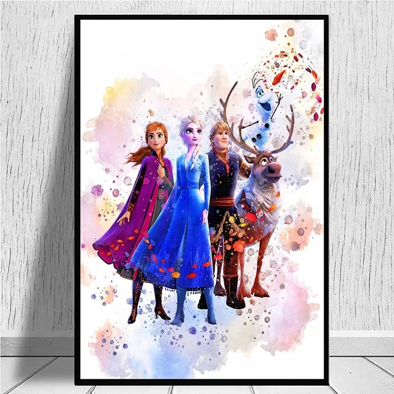 

Watercolor FROZEN Anime Poster and Prints Disney Princess Anna Elsa Canvas Painting Nursery Cartoon Wall Art for Kids Room